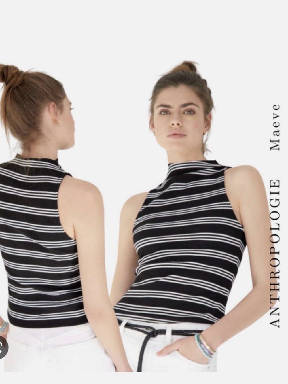 Maeve by Anthropologie Black & White Striped Mock-Neck Tank